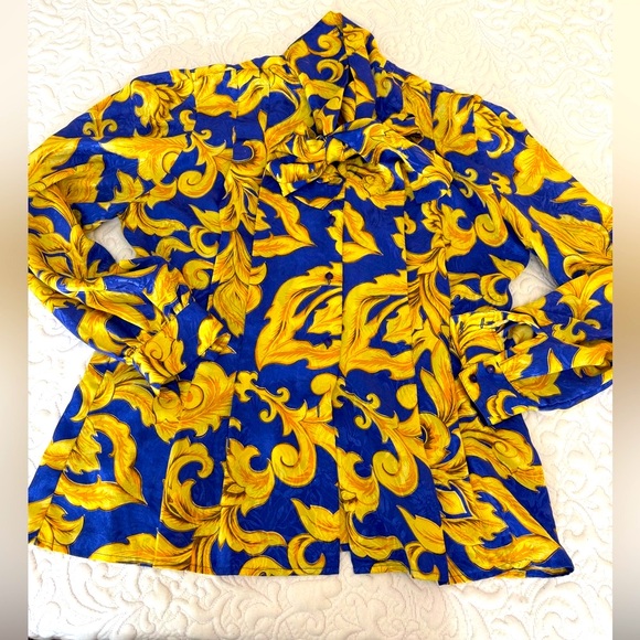 Anne Klein Royal Blue and Gold Leaf blouse - Picture 1 of 7